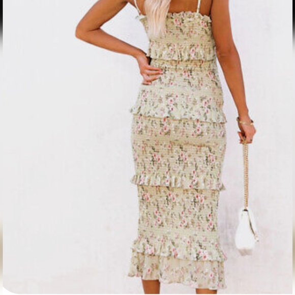 SALE Tube Tank Midi Dress Green Floral Smocked Tiered Spaghetti Strap Boho S/M - Picture 3 of 11